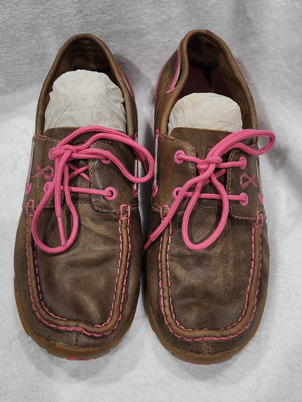 Twisted X Pink Ribbon Lace Up Moccasins Brown Pink Women's Size 8.5
